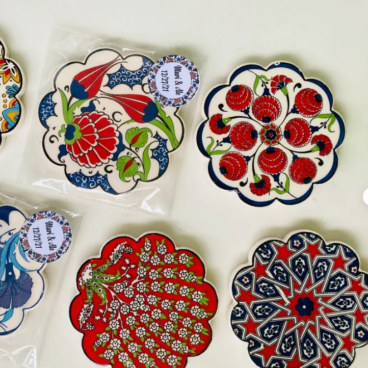 Factory custom Ceramic Tile Coaster Hot Pad Handmade Turkish Ceramic Trivet Cup Coasters Favors Hand Painted Pottery