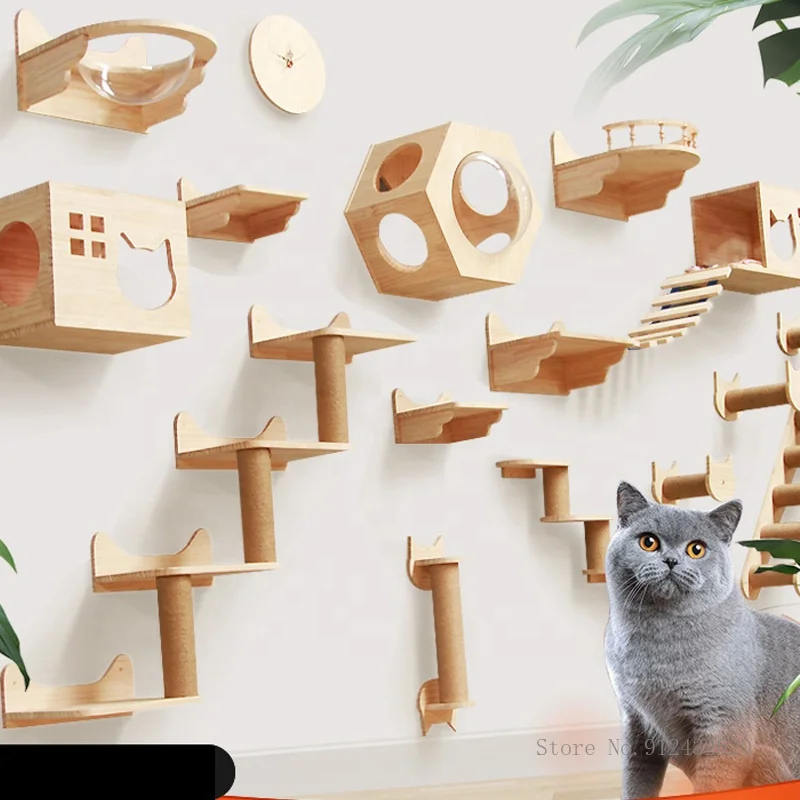 Free Design Custom Sisal Scratcher Post Climbing Tree For Indoor Cats Pets Wooden Hanging Board Shelf Wall Mounted Cat Tree