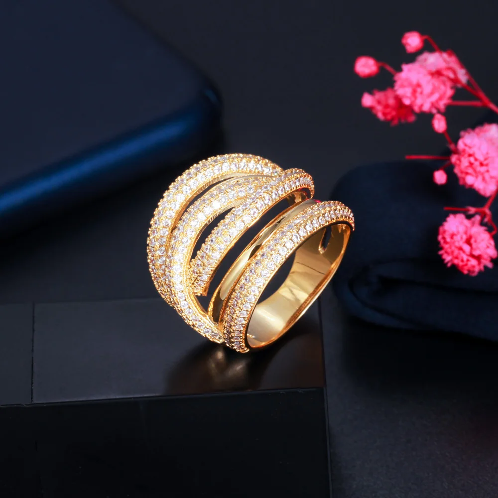 Personalized Multi Layered Twist Lines Luxury African Cubic Zircon Big Wedding Engagement Ring for Women Dubai Gold Filled Ring