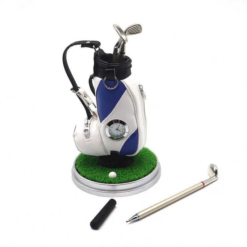 Mini Desktop Aluminum Alloy Golf Bag Pen Holder with Golf Pens Clock