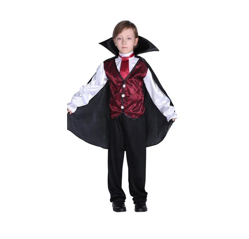 Cool Boy Halloween Costume Red And Black Bloodsucking Count Costume With Top/Pants/Cloak/Tie