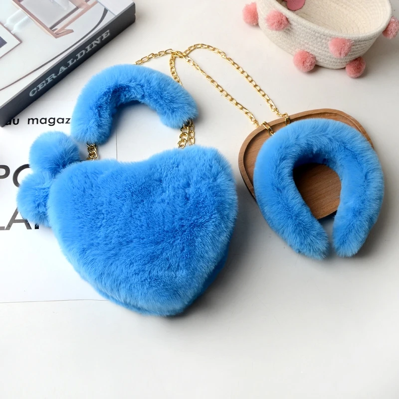 Aotemao 2021 New Fashion Fur Heart Purse with Headband Set Designer Lady Cute Heart Shaped Purse Handbags