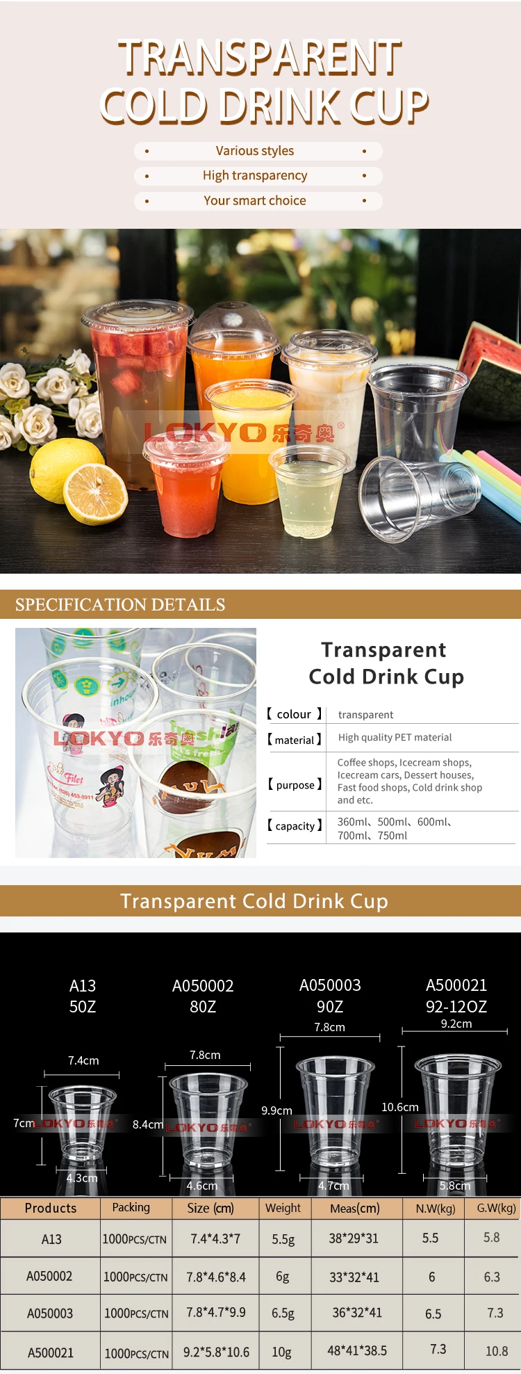 LOKYO wholesale custom logo 700ml 500ml yogurt miketea cups clear PET disposable boba juice plastic cup