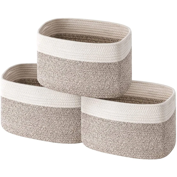 Set of 3 Woven Storage Basket - Large Cotton Rope Basket with durable Handles Foldable Laundry Hamper