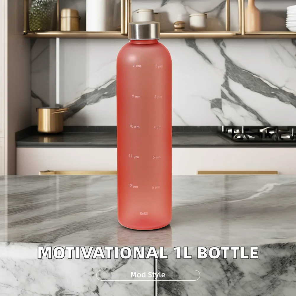 1 Litre Plastic Frosted Water Bottle with Gold Lid Motivational Timestamps for Camping Tours Adults Drinking