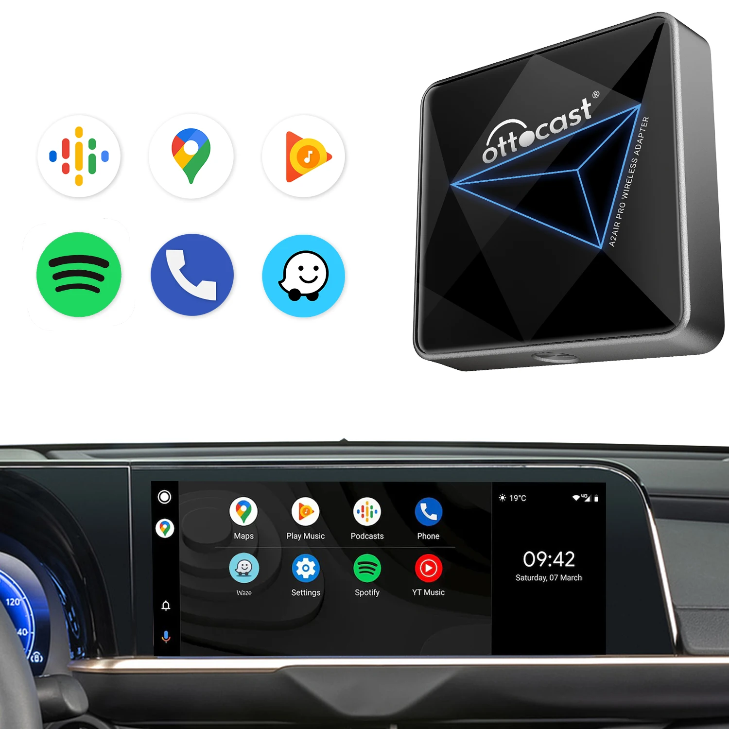 Ottocast Wireless Android Auto Adapter Plug & Play No Latency Easy Setup Fit for Android 11+ & Cars from 2017