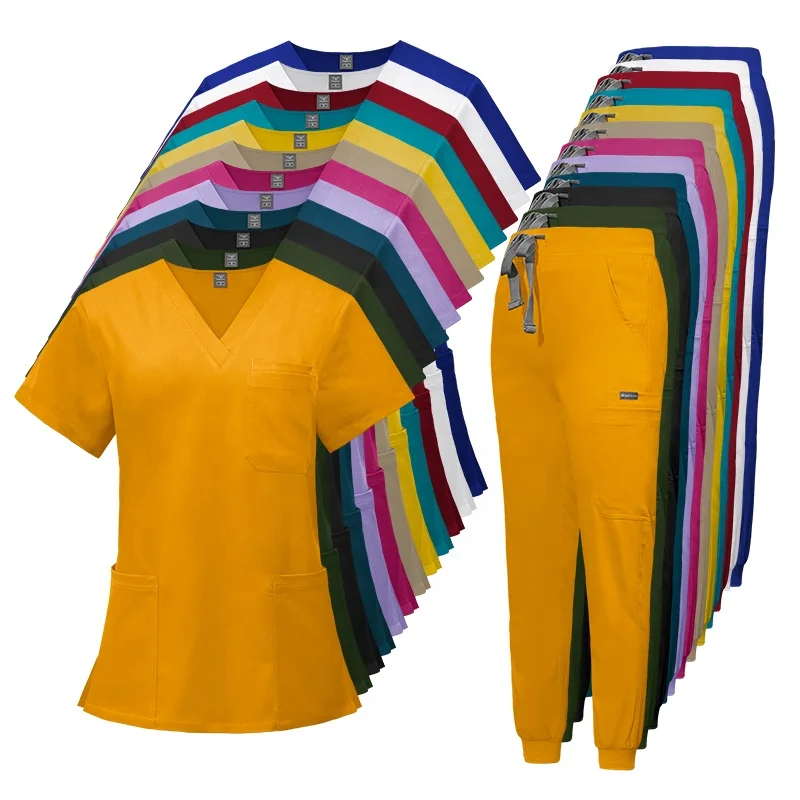 Logo Custom Khaki Color Scrubs Nursing Surgical 2-Way Stretchy Uniforms Salon Uniforms Drawstring Custom 2 Pieces Jogger Pants