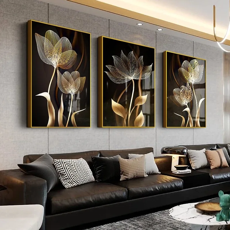 northern europe abstract black gold flower paintings modern living room wall painting home decoration murals