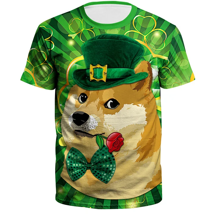New Irish Festival clover cute pet cat 3D digital print round neck T-shirt