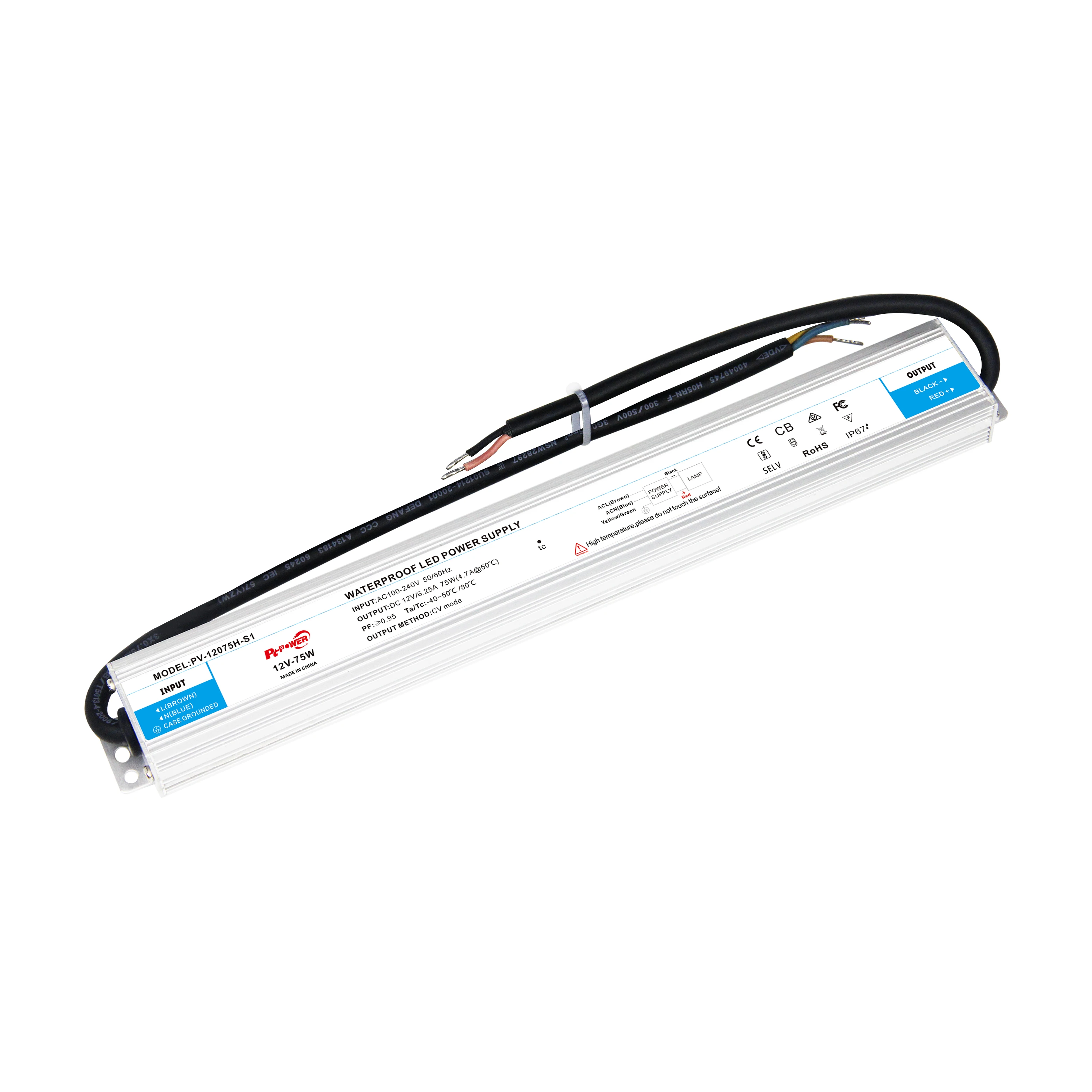Тонкий водонепроницаемый IP67 PFC 36W 75W 100W Вход 100-240V AC to DC Оптовая цена 12V 24V Светодиодный драйвер для светодиодной ленты