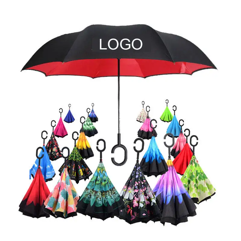 Custom Upside-Down C Hands Free Handle Inside Out Double Layer Sided Car Reserve Inverse Reversible Inverted Reverse Umbrella