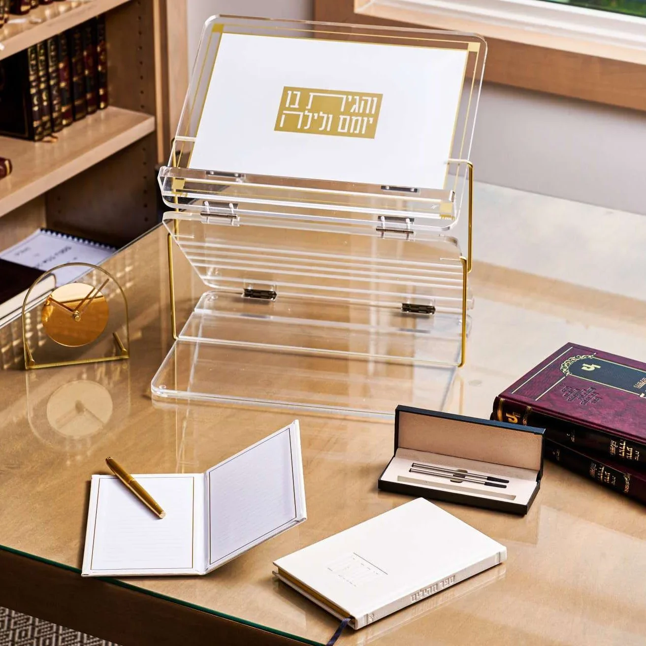 3-layer Acrylic hot bending book stand with gold support adjustable height