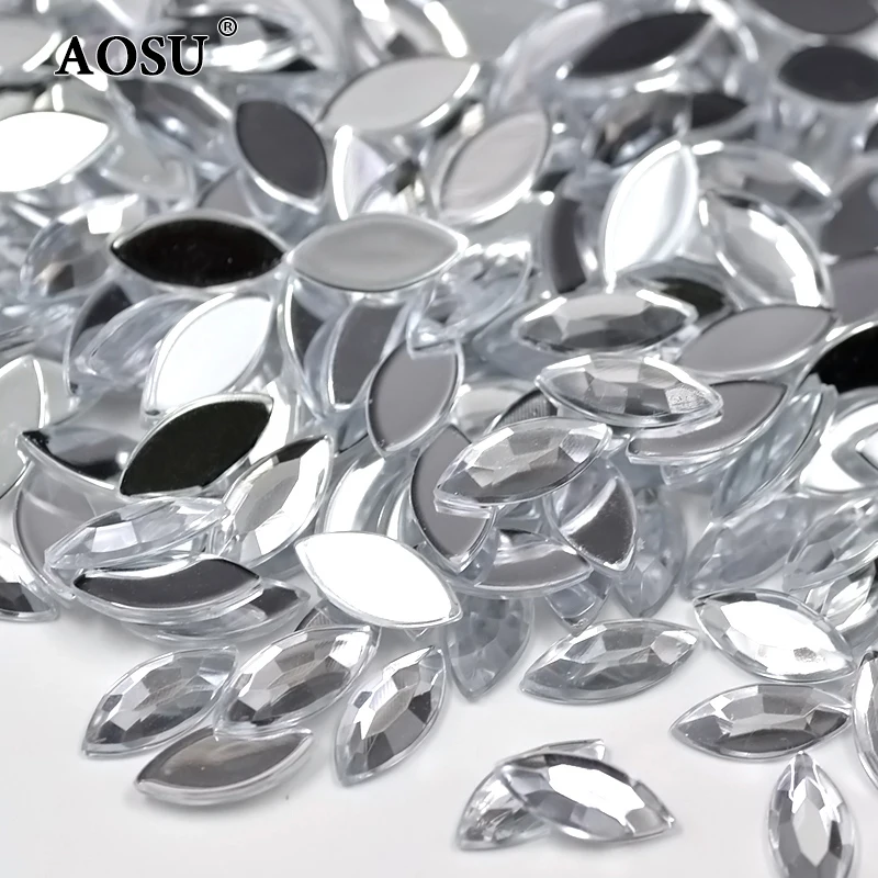 AOSU Wholesale 4*8mm 7*15mm White Crystals Stone Horse Eye Flatback Diamond Acrylic Rhinestones For Garment