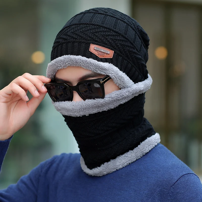 Cheap Fashionable Winter Warm Male Knitted Plain Hats Fleece Lined Outdoor Hats Scarves Set