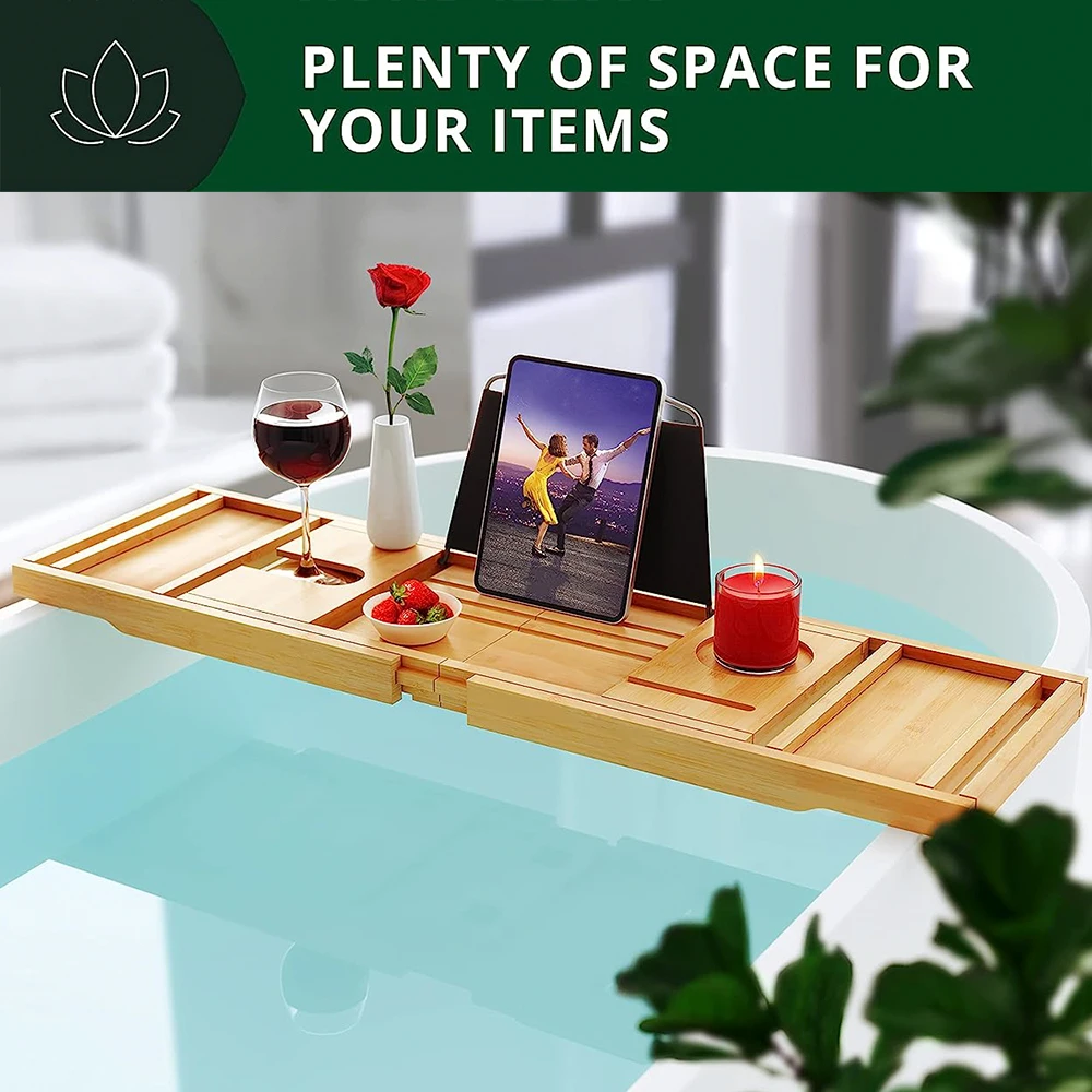Bamboo Bath Caddy Tray Foldable Bathtub Tray Table with Extending Sides for Bathroom Toilet Shower Home Use