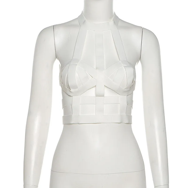 
Summer Sleeveless Hollow Out Crop Top Elastic Band Halter Top Polyester Tank Tops Sexy Club Wear For Women 