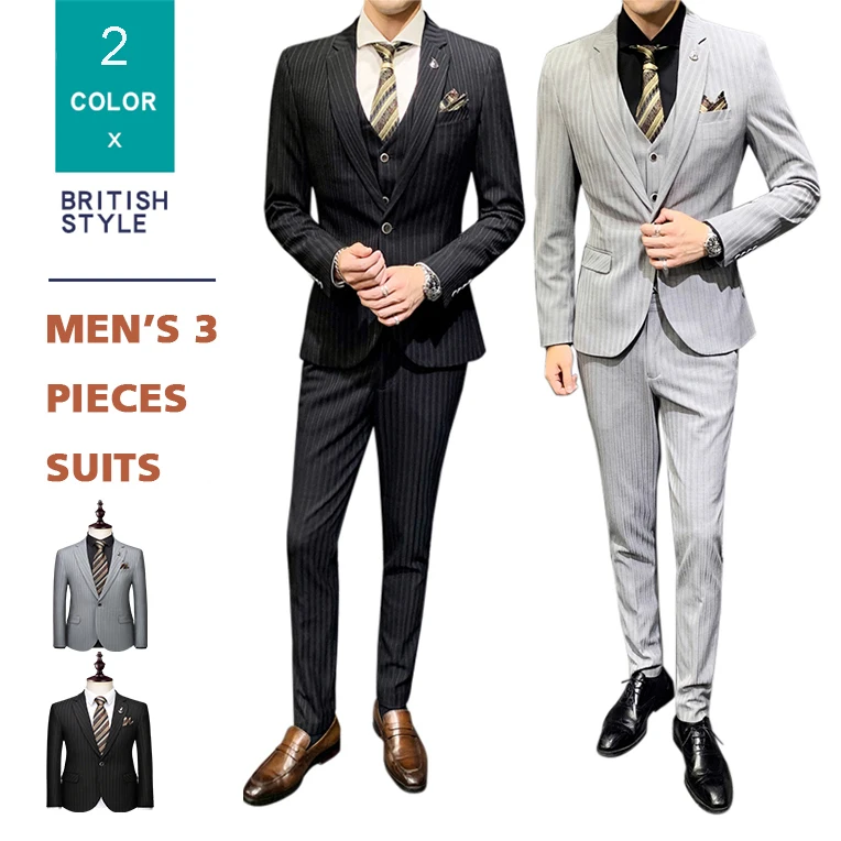 Смокинг для жениха в полоску, Свадебный мужской костюм, 3 предмета, повседневный Блейзер, комплект для мужчин, деловой смокинг + рубашки