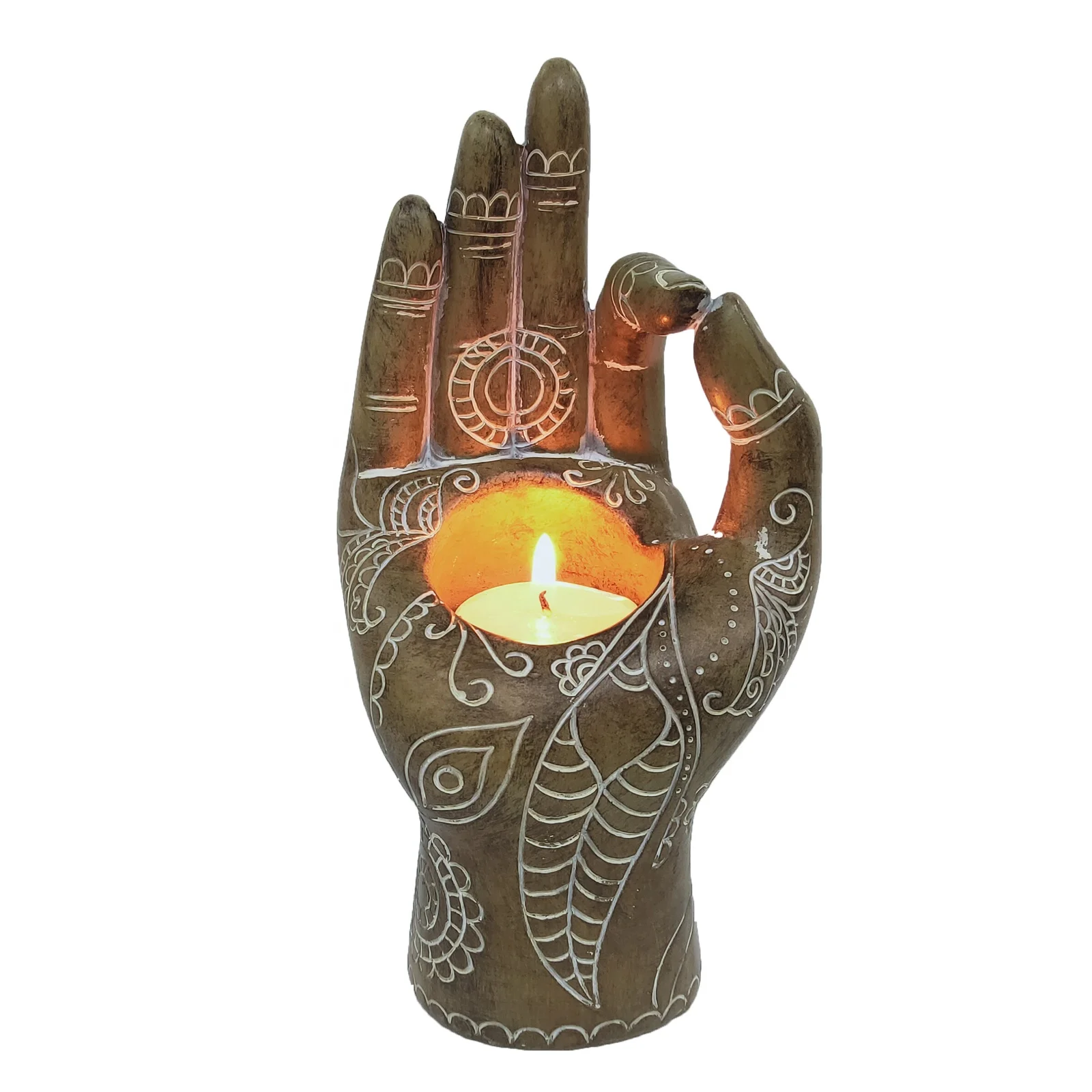 Hot sell home decoration ornaments glass resin buddha hand candle holder statues