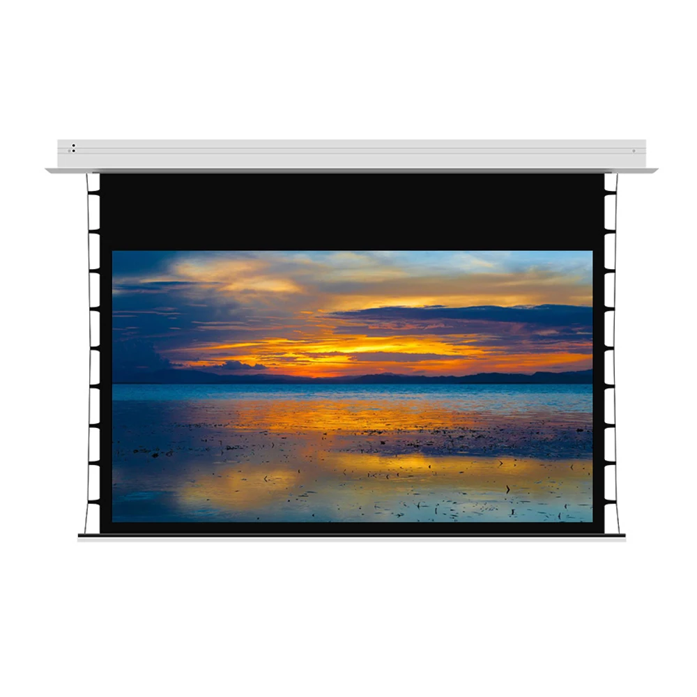 New style hidden in-ceiling recessed projector screen 3D 4K luxury motorized tab-tension home theater projection screen