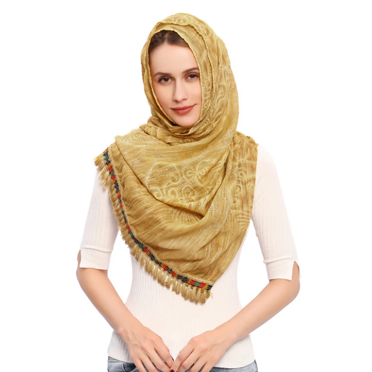BOHI 80*180cm Gold Women Printed Cotton Muslim Scarf Head Hijab Wrap Solid Full Cover-up Shawls Hijabs