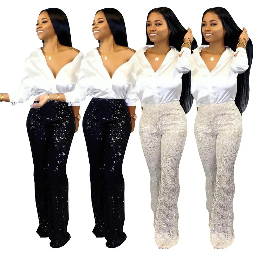 Hot Sale Flare Pants Womens Sequin Wide Leg Pants Fashion Club Wear Dresses Women Bell Bottom Pants
