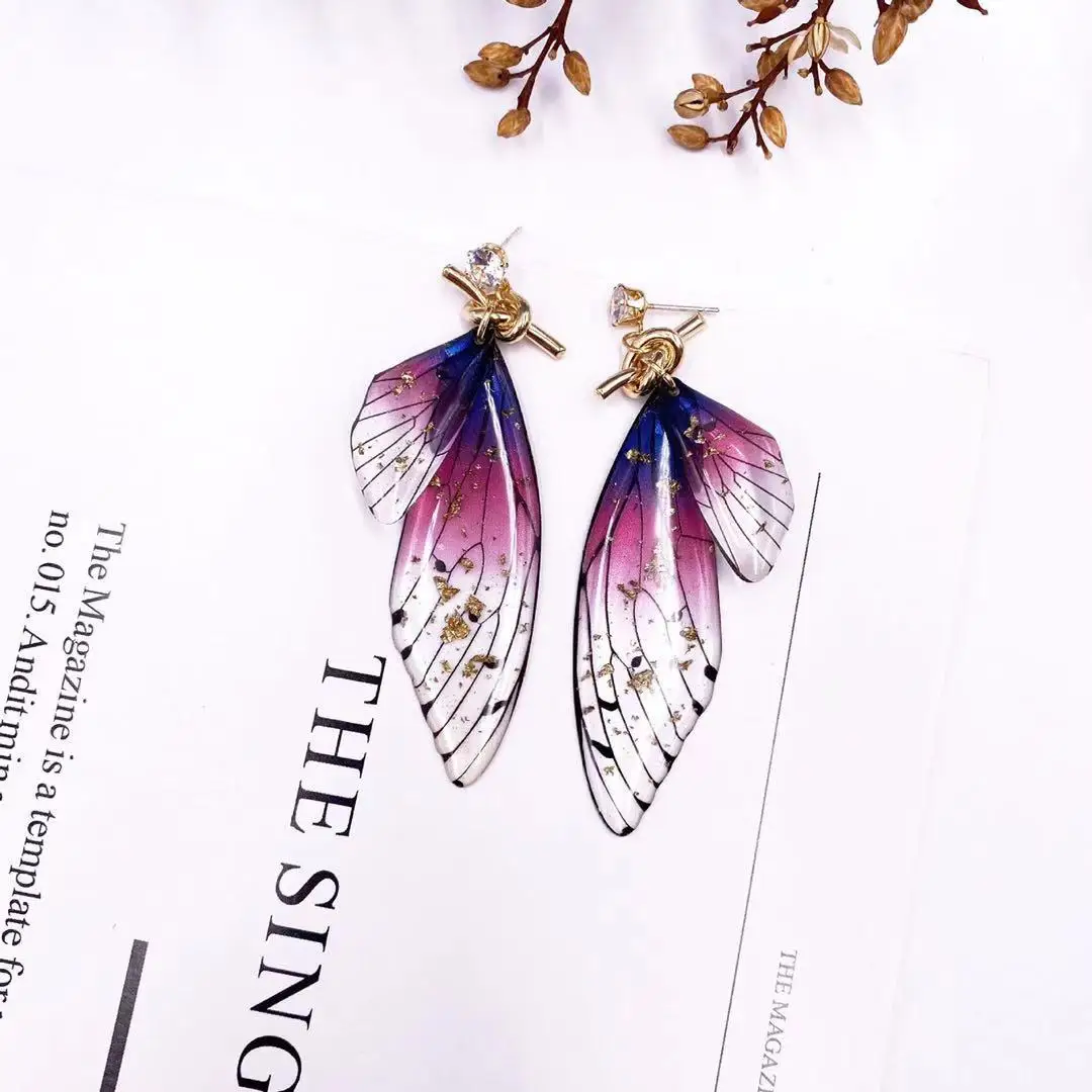S925 needle crystal personality butterfly cicada wings gradient color fresh Earrings