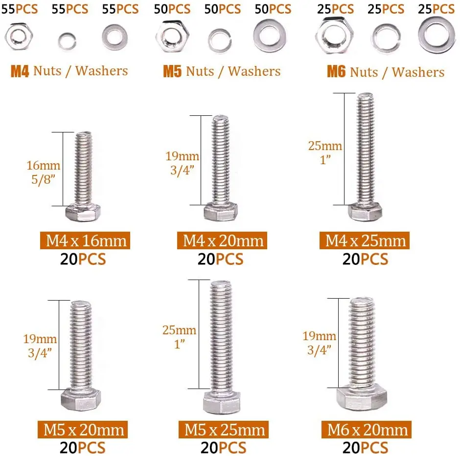 
BESTYCHAO 510pcs Stainless Steel Flat Head Bolts Screws, Nuts, Flat and Lock Washers Assortment Kit 