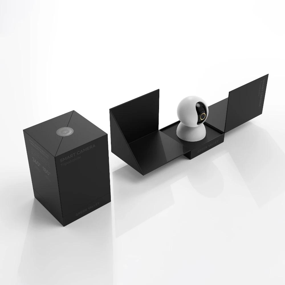 Unique Custom Black Smart Security Cameras Slanted Opened Way Box Home Security Cameras Cubic Shape Packaging Box