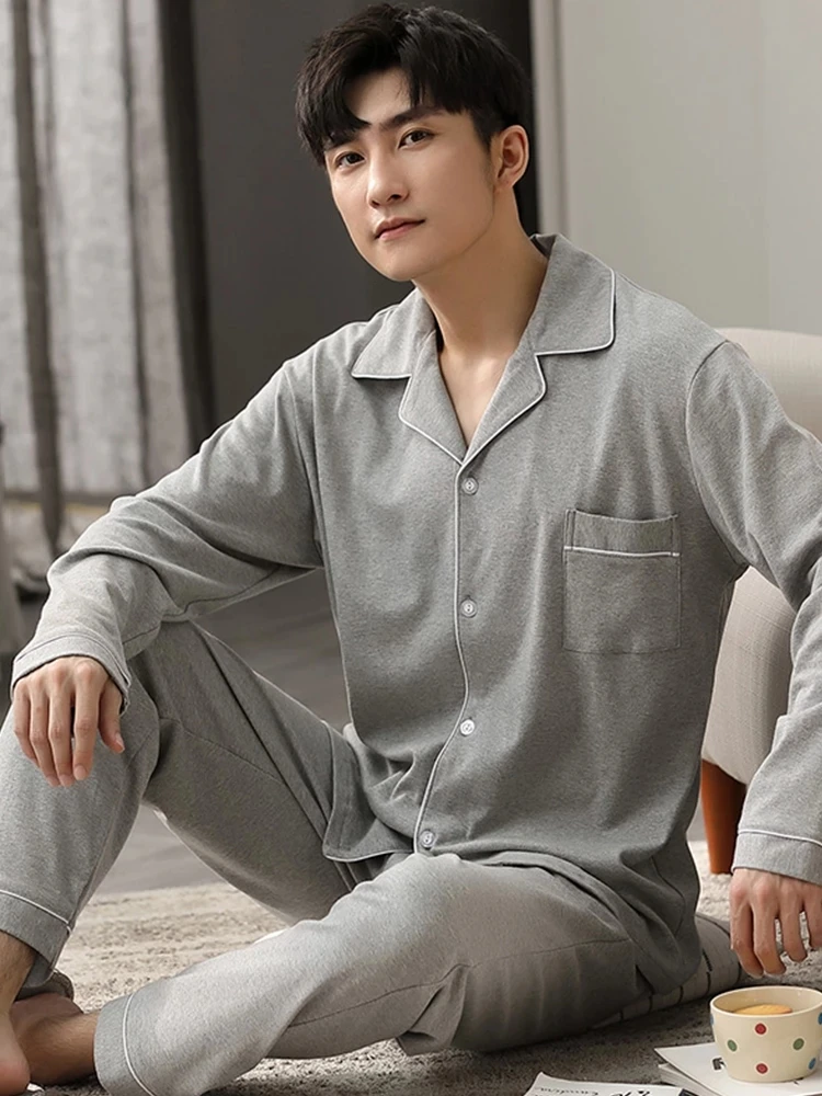 autumn Winter 100% Cotton Pajama for Men Sleepwear Pajamas Blue Home Clothes Man
