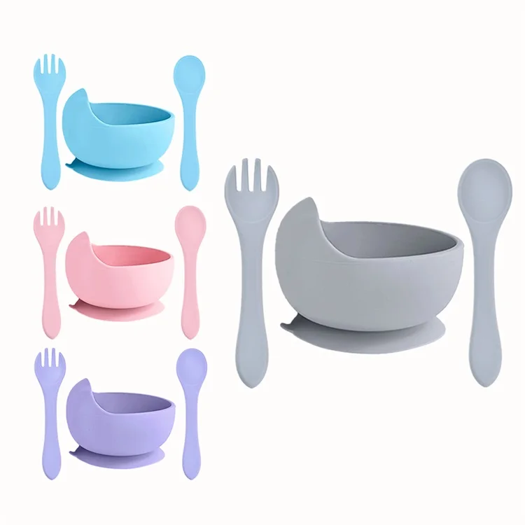 Baby Silicone Tableware Bowl Cutlery Set Toddler Feeding bowl Spork non-toxic harmless Kids Silicon super suction Bowl suit