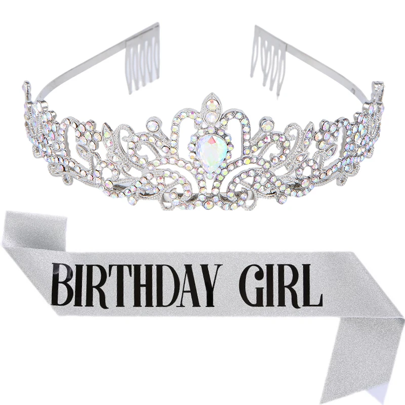 Elegant Princess Crown Birthday Girl Sash Crystal Crown Tiara Glitter Sash For Happy Birthday Girl Queen belt Tiara set