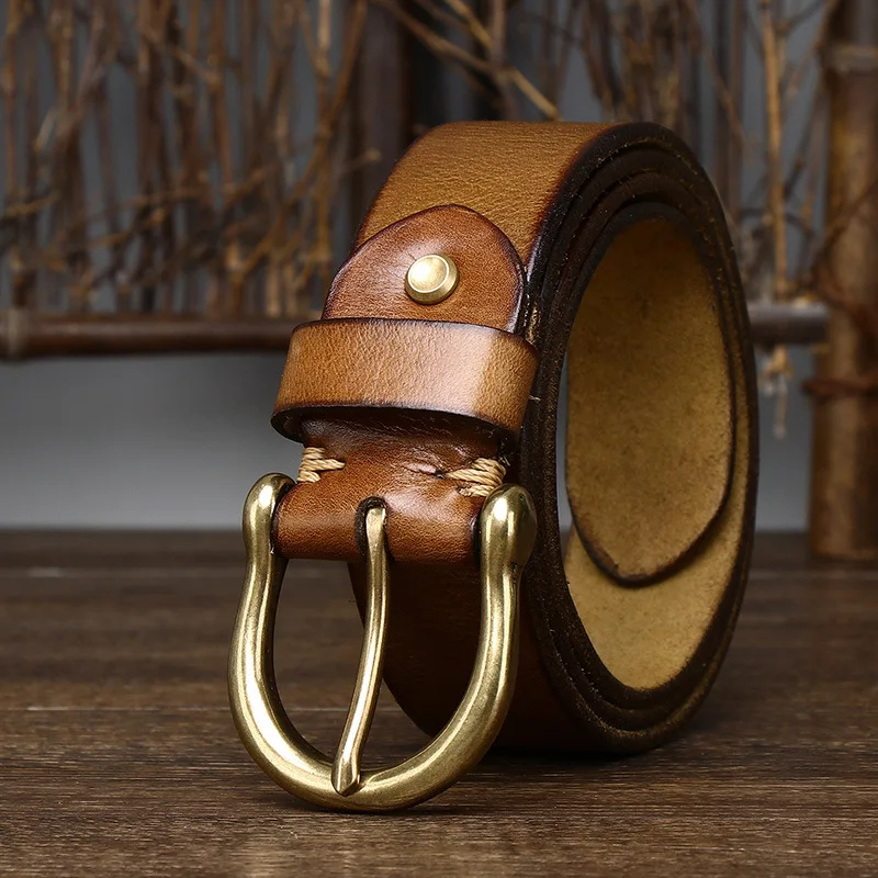 Retro fashion personality trend head layer pure cowhide leather belt male leather copper buckle Korean casual denim belt