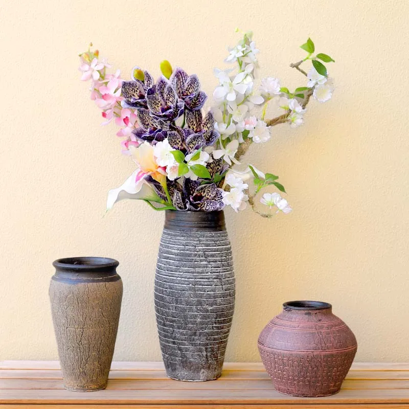 Cheap Oriental Farmhouse Coarse Pottery Pot Rustic Vintage Large Floor Flower Vase for Home Decor