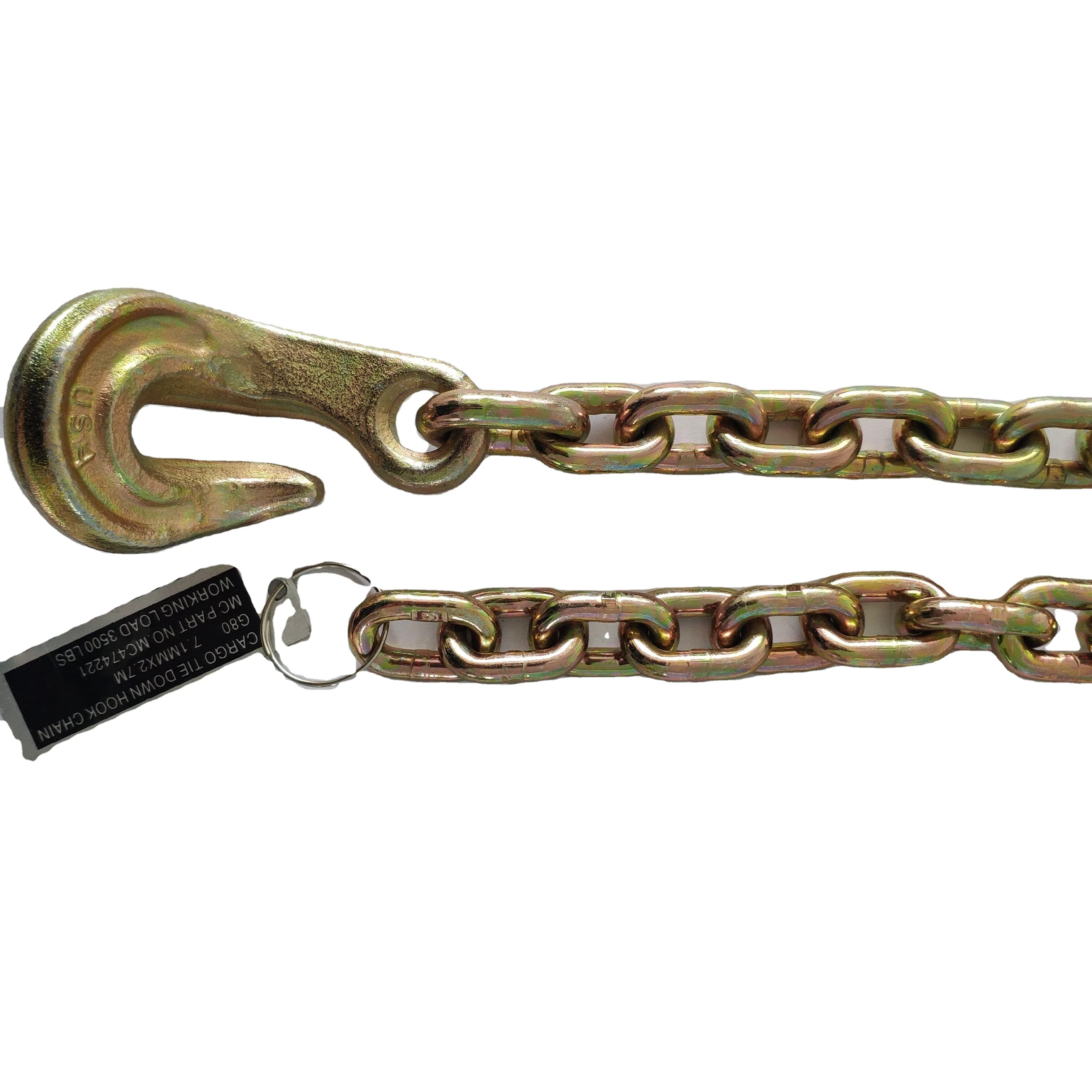 G80 Lifting Chain Golden Galvanized G80 Cargo Tie Down Chain With Bent Hook