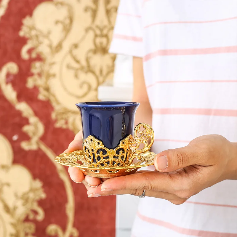 Ethiopian Coffee Cup Set Espresso Cups Mug with Gold Handgrip Handmade Saucers Turkish Ceramic Coffee Cups Teaware