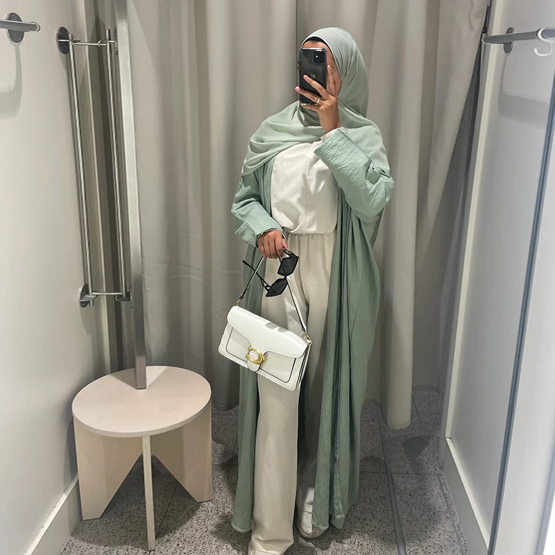 Mint green soft cotton open abaya islamic women wholesale plain open abaya women muslim dress