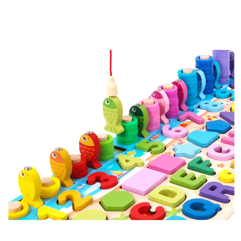 6 in 1 multifunctional logarithmic fishing game montessori kids educational wooden puzzle games count numbers matching board