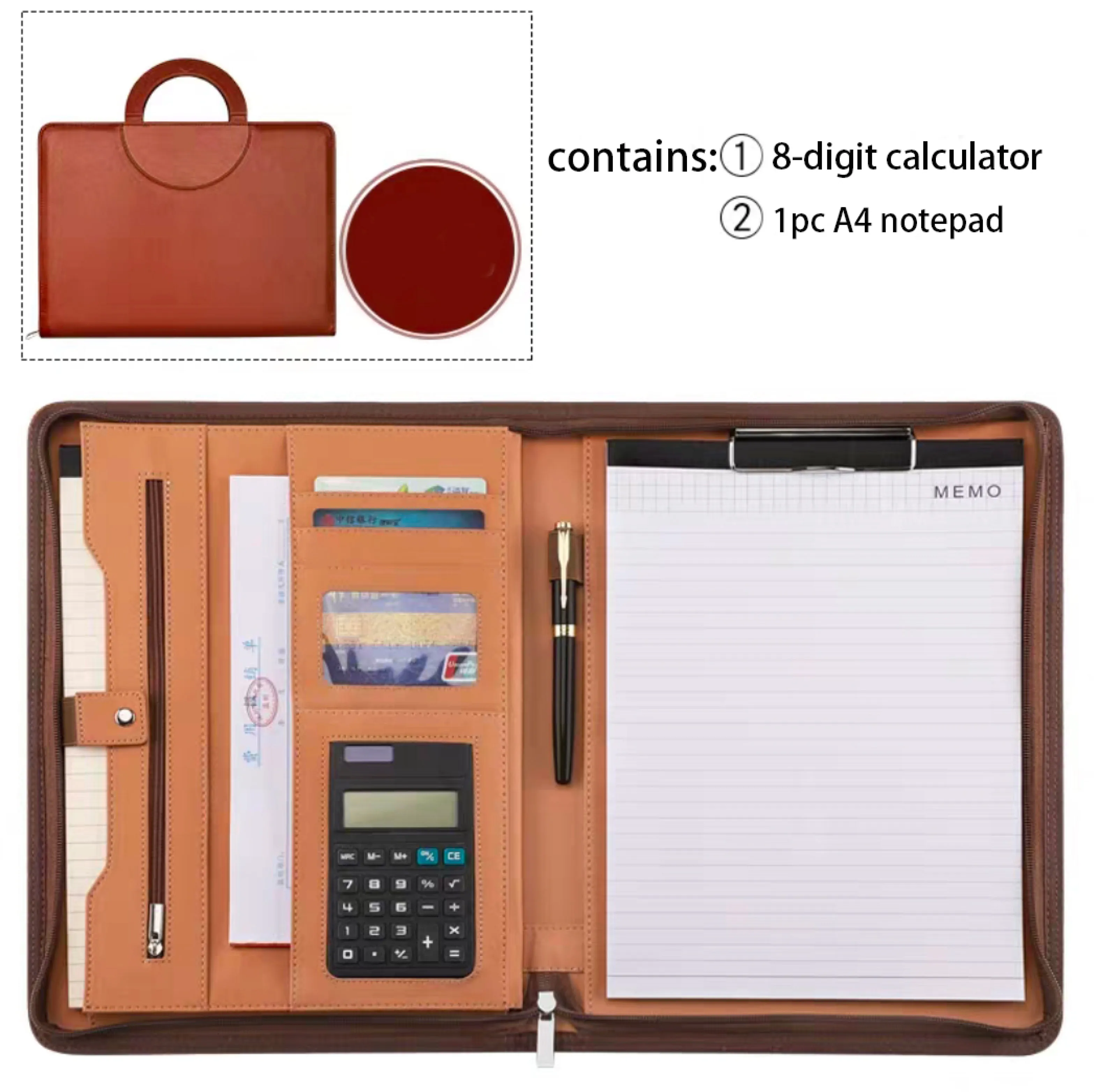Custom logo briefcase A4 pu leather notebook portfolio business office calculator stationery zipper file folder