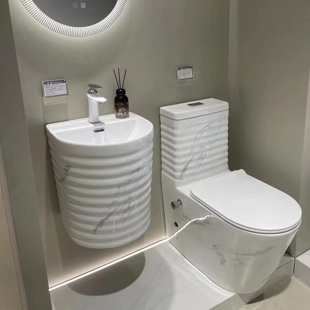 Luxury New Wave Pattern Pumping Integrated Siphon Flush Ceramic Sanitary Ware One Piece Marble Toilet and Sink