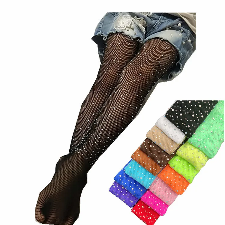 Wholesale Teen Girl Fashion Fishnet Thigh High Stockings Glitter Small Hole Tights Kids Suspender Pantyhose for Flower Girls