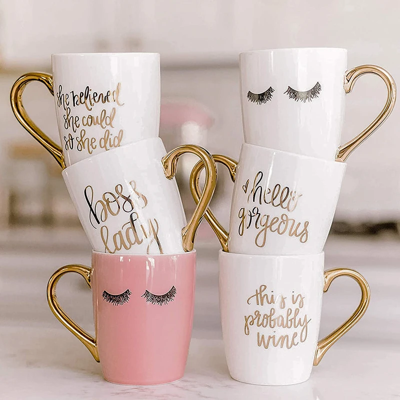 Amazon Top seller Ins Inspirational Mugs Cute Ceramic Coffee Mugs with Golden Handle for Gifts