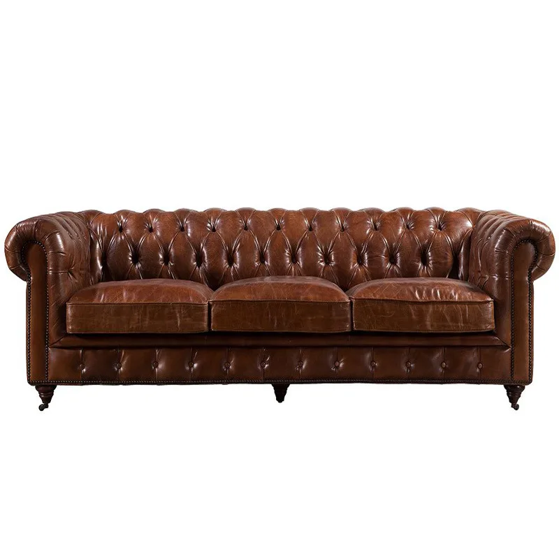 American sofa classic old full leather full grain cow leather retro luxury living room hotel buckle sofa