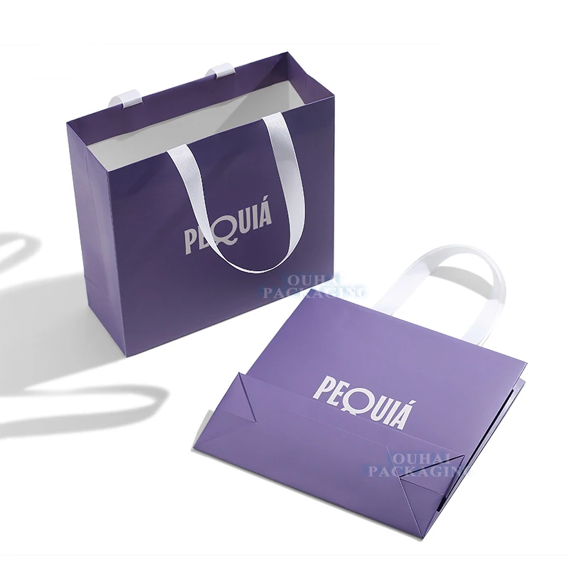 Retail Purple Gift Bags Mall Clothing Store Tote Paper Shopping Bag Reusable Custom Logo with Your Brand