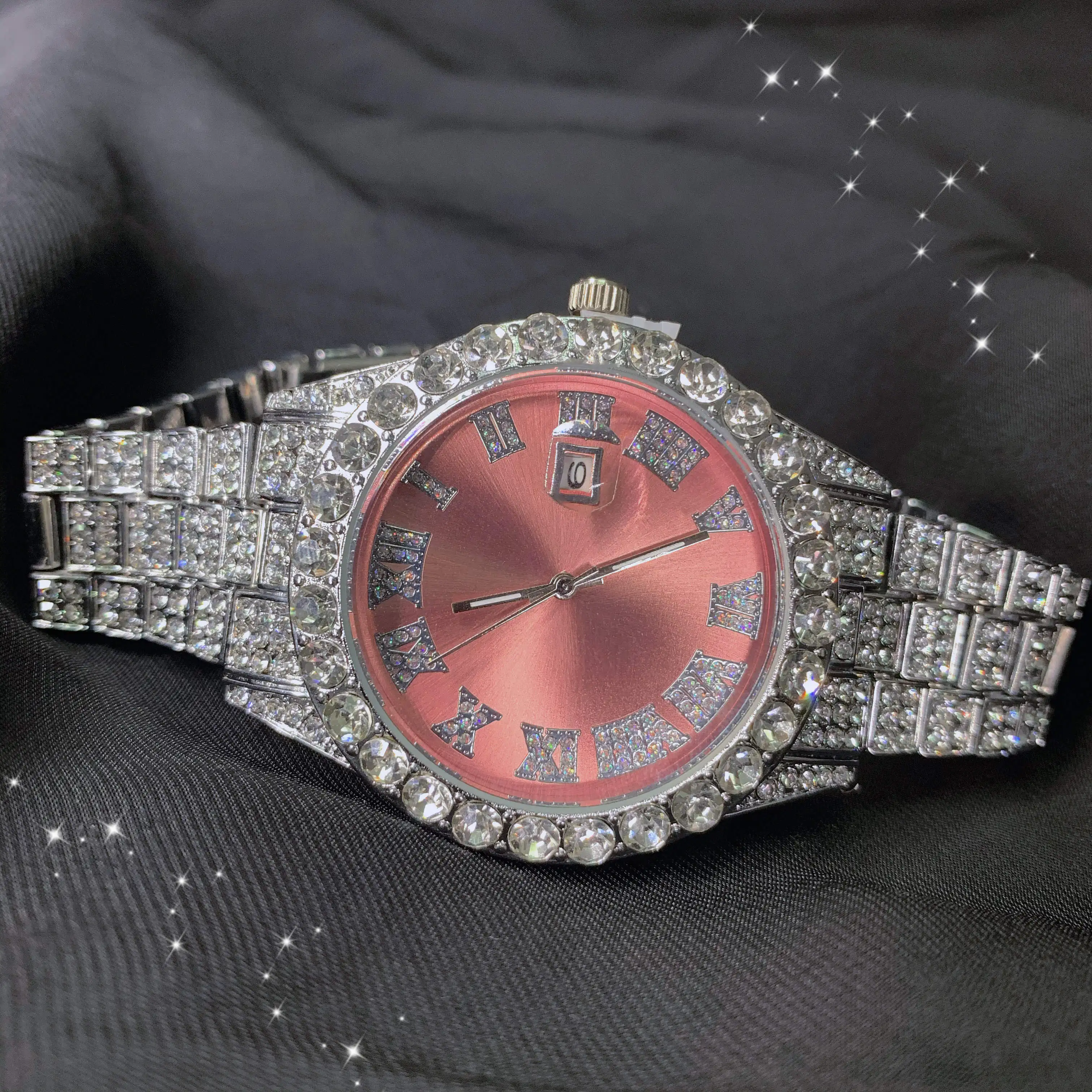 So Cute Latest Bling Pink Dial Bust Down Wrist Watch Full Of Diamond Band Iced Out Luxury Chain Roman Gold Girls Quartz Watch