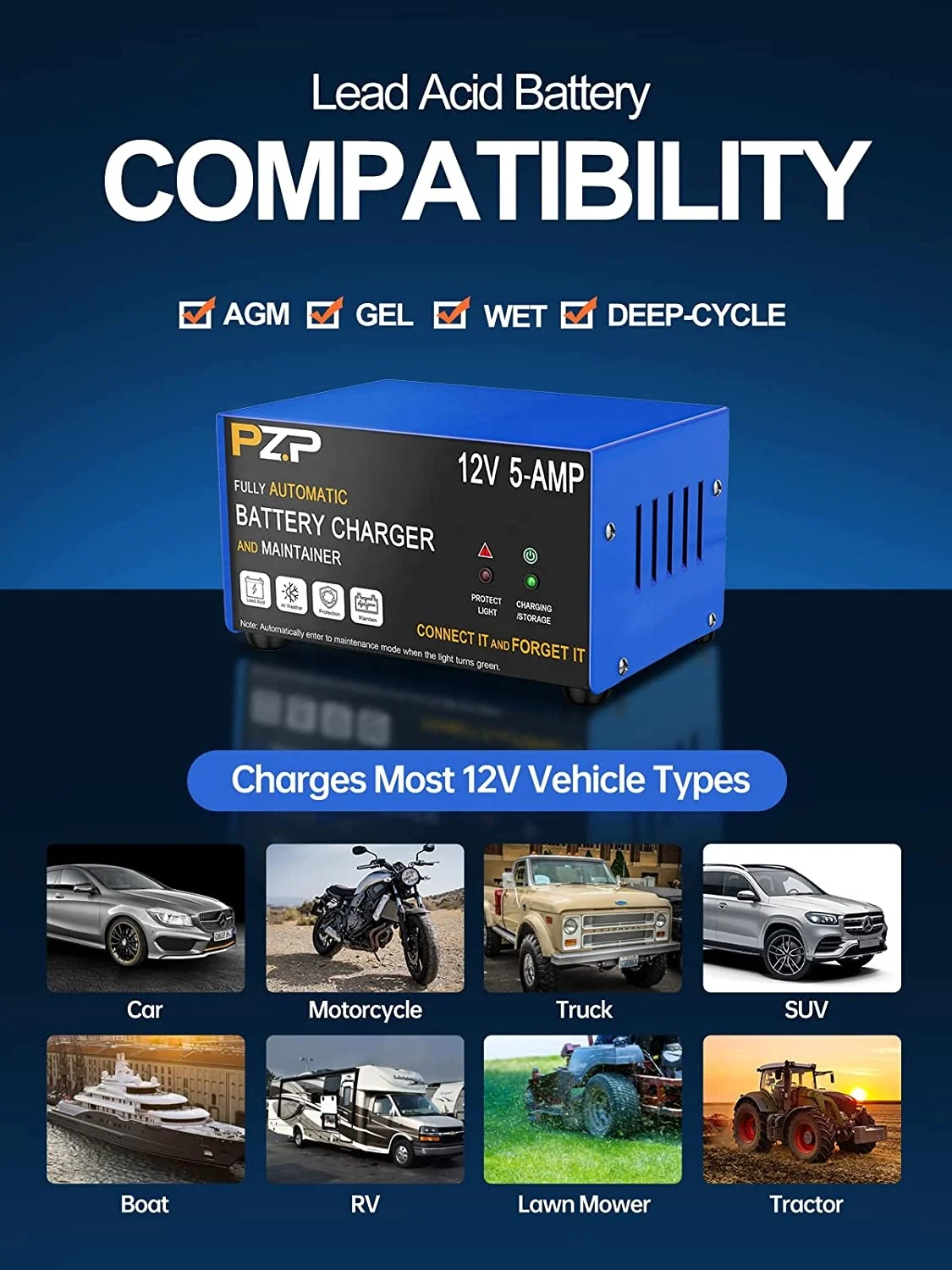 PZP 12V 5A Battery Charger Smart Automotive 12 Volt Trickle Charger and Maintainer 12V Car Battery Charger