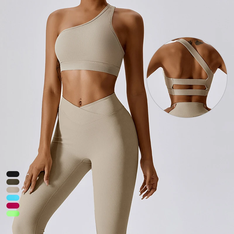 Custom Logo Ladies Gym Fitness Apparel Women Active Wear Yoga Pants One Shoulder Sports Bra Seamless Yoga Set
