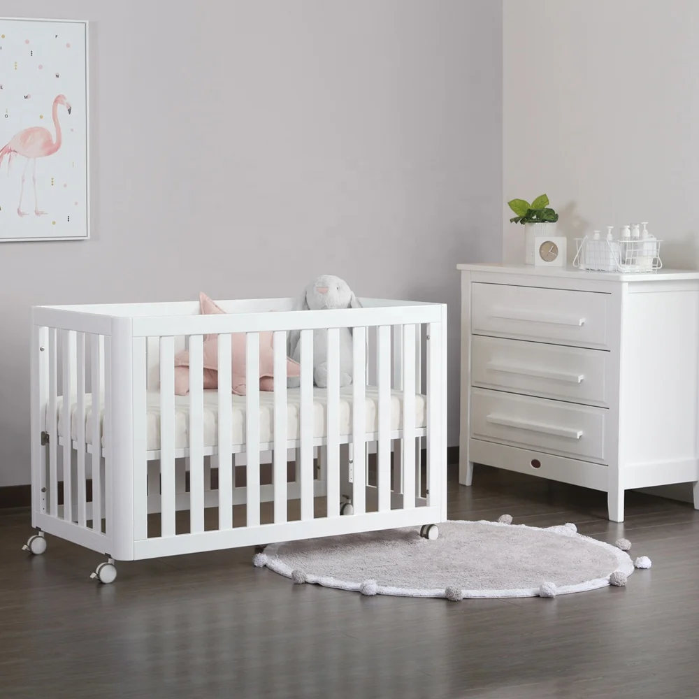 Boori Modern Nursery Furniture Wooden Height Adjustable Baby Cot With Wheels and Bedroom Chest of Drawers