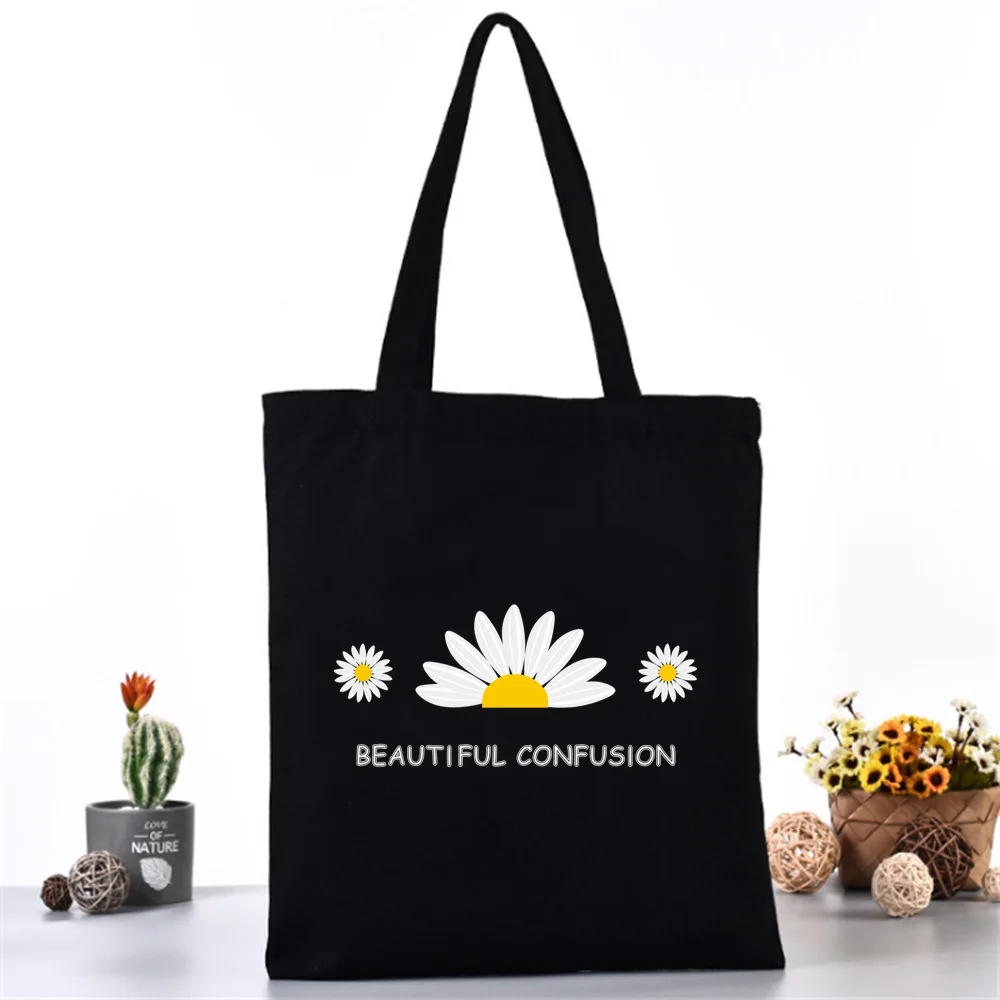 2023 New Fashion Casual Handbags Grocery Tote Girls Daisy Printing Women Shoulder Canvas Shopping Bags