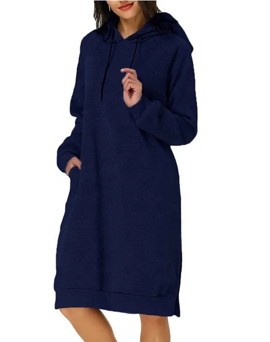 Wholesale Long Sleeve Hooded Pocket Tunic Dress Pullover Hoodie Dress Winter Sweatshirt Women Long Sleeve Solid Color Maxi Dress