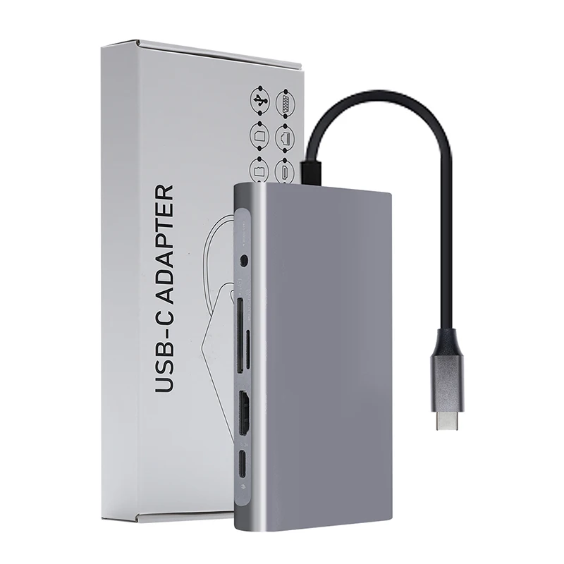 PCER Factory price 10 in 1 USB Hub USB Type-c Hub Multi-function Type-c to HDMI USB 3.0 PD TF SD Audio RJ45 VGA for computer